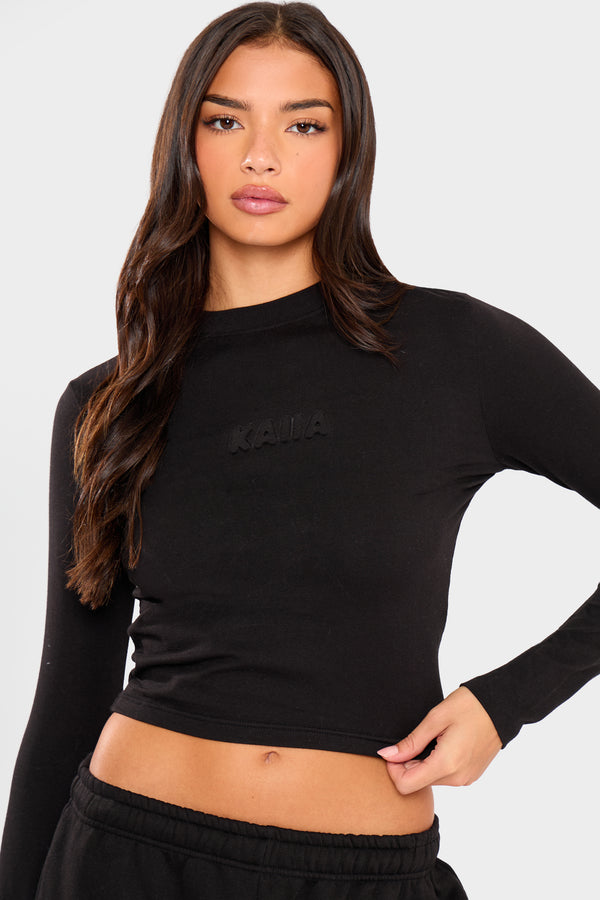 Kaiia Embossed Bubble Logo Long Sleeve Baby Tee Black