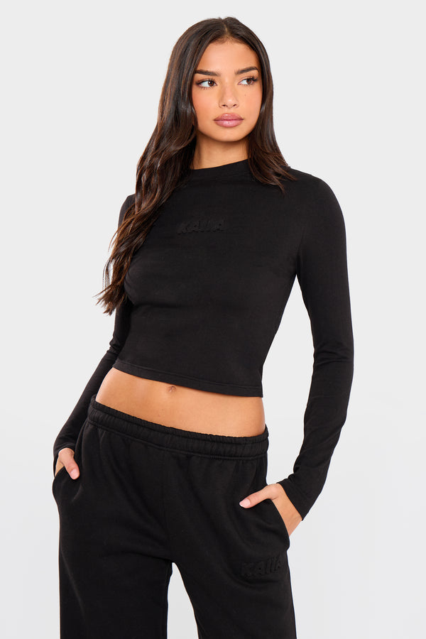 Kaiia Embossed Bubble Logo Long Sleeve Baby Tee Black