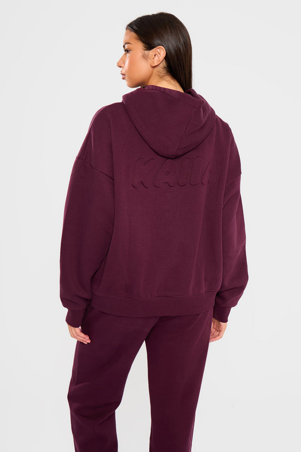 Kaiia Embossed Bubble Logo Oversized Hoodie Deep Merlot Burgundy