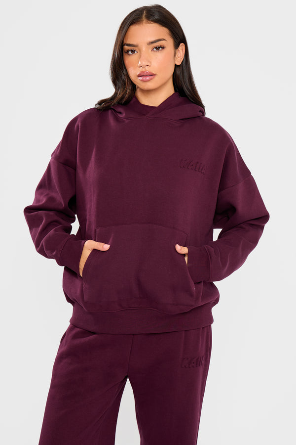 Kaiia Embossed Bubble Logo Oversized Hoodie Deep Merlot Burgundy
