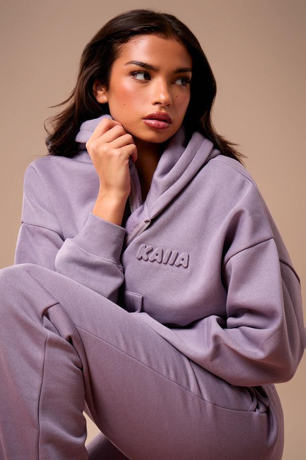 Kaiia Embossed Bubble Logo Oversized Zip Through Hoodie Dusk