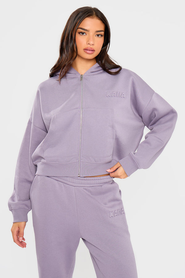 Kaiia Embossed Bubble Logo Oversized Zip Through Hoodie Dusk