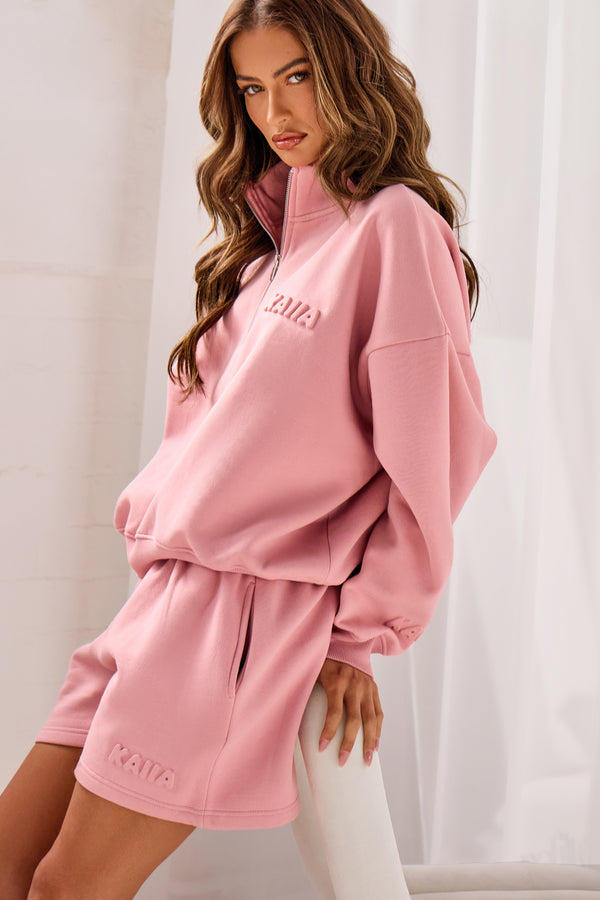 Kaiia Embossed Bubble Logo Quarter Zip Oversized Sweatshirt Dusty Rose