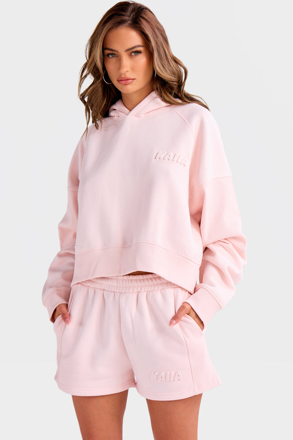Kaiia Embossed Bubble Logo Rib Panel Cropped Hoodie Light Rose