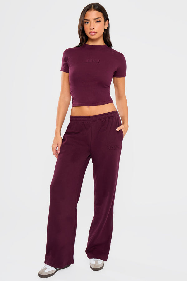 Kaiia Embossed Bubble Logo Wide Leg Joggers Deep Merlot Burgundy