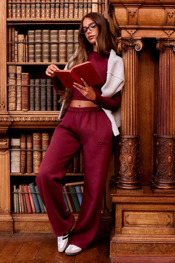 Kaiia Embossed Logo Long Sleeve Baby Tee Dark Cherry