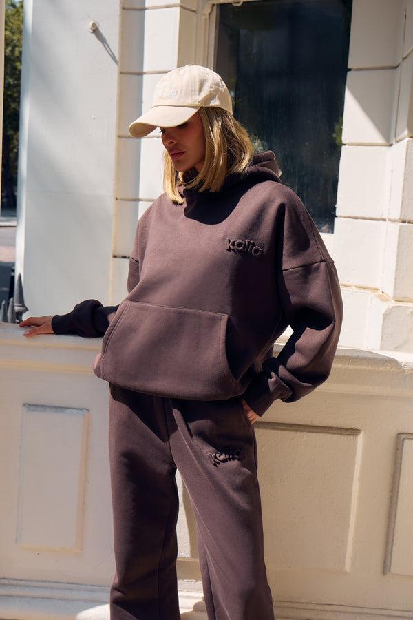 Kaiia Embossed Logo Oversized Hoodie Bitter Chocolate