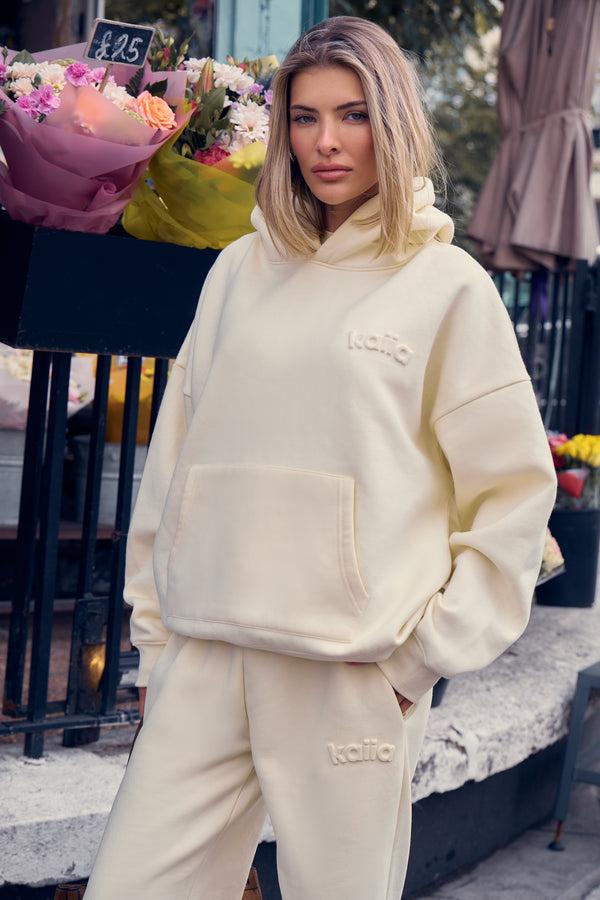 Kaiia Embossed Logo Oversized Hoodie Lemon
