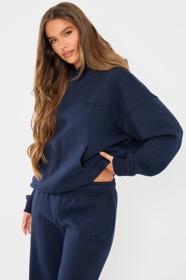 Kaiia Embossed Logo Oversized Hoodie Navy