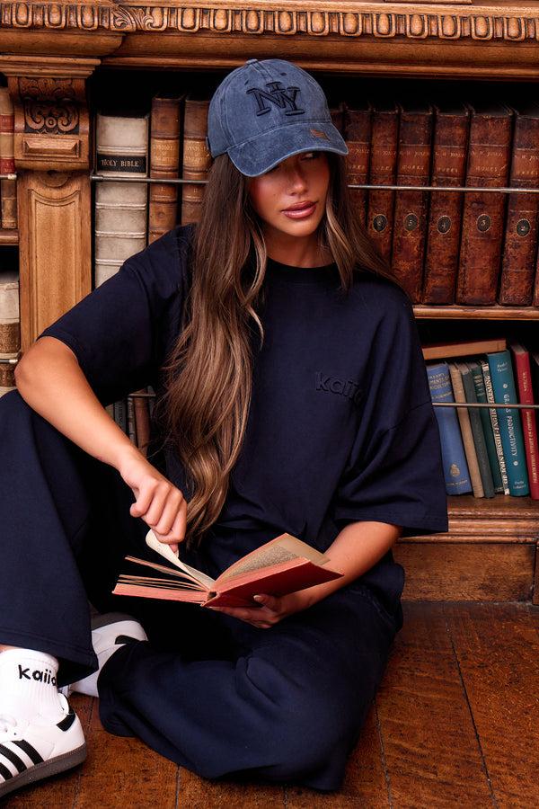 Kaiia Embossed Logo Oversized T-shirt Navy