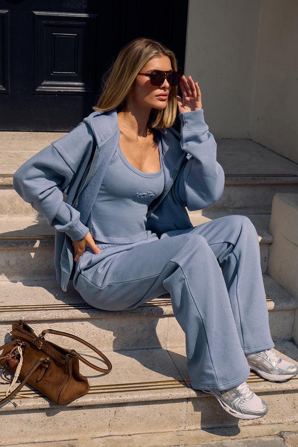 Kaiia Embossed Logo Oversized Zip Hoodie Vintage Blue