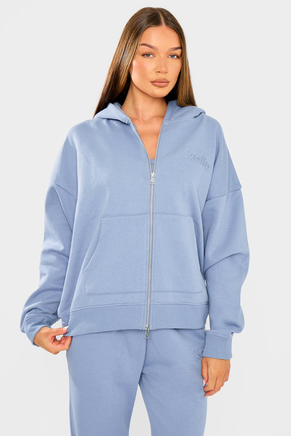 Kaiia Embossed Logo Oversized Zip Hoodie Vintage Blue