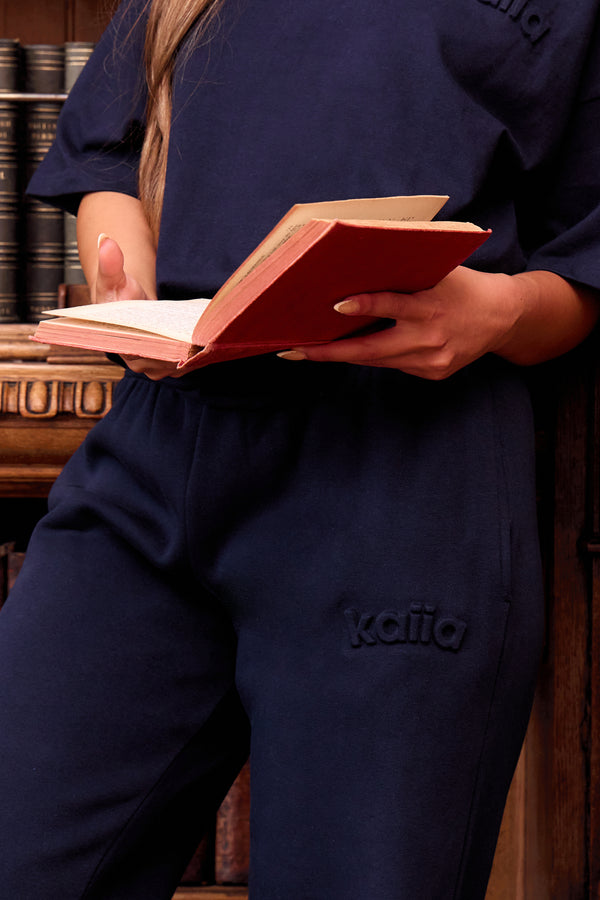Kaiia Embossed Logo Straight Wide Leg Joggers Navy