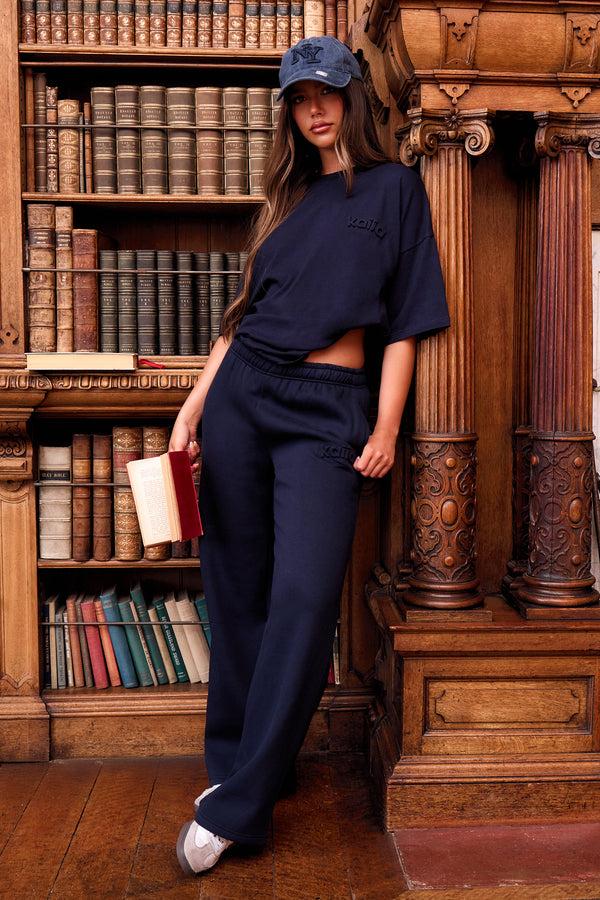 Kaiia Embossed Logo Straight Wide Leg Joggers Navy