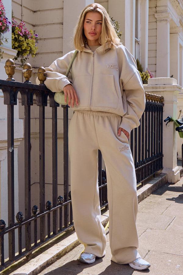 Kaiia Embossed Oversized Zip Through Hoodie Ash Taupe