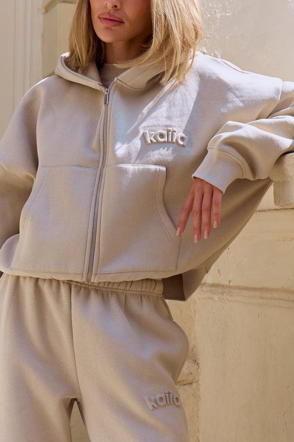 Kaiia Embossed Oversized Zip Through Hoodie Ash Taupe