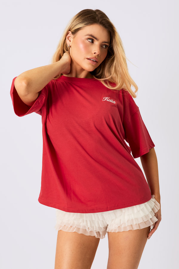 Kaiia Embroidered Logo Oversized T-Shirt Red