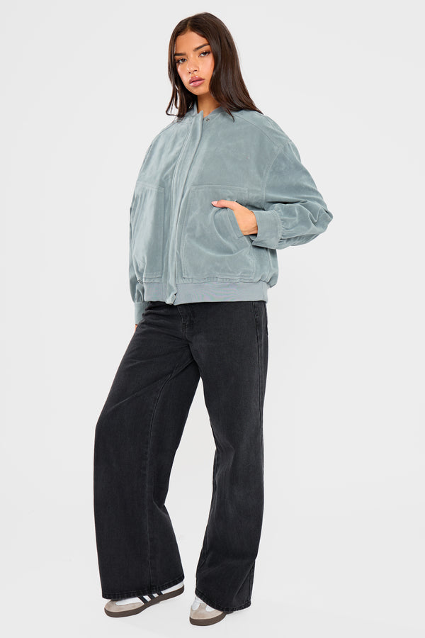 Kaiia Faux Suede Bomber Jacket Baby Blue