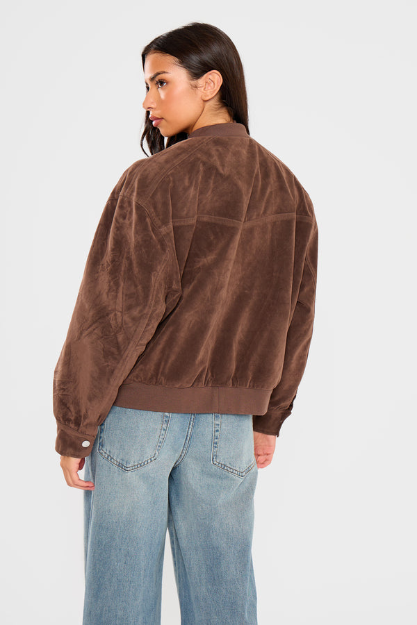 Kaiia Faux Suede Bomber Jacket Brown