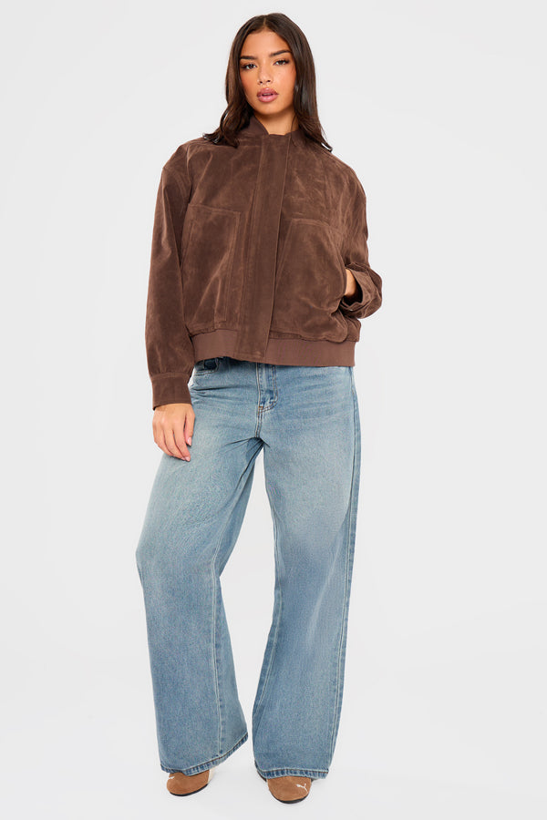Kaiia Faux Suede Bomber Jacket Brown