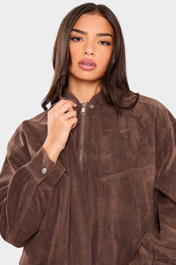 Kaiia Faux Suede Bomber Jacket Brown