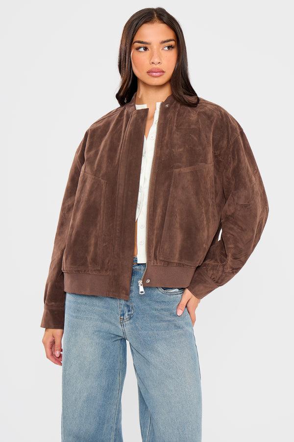 Kaiia Faux Suede Bomber Jacket Brown