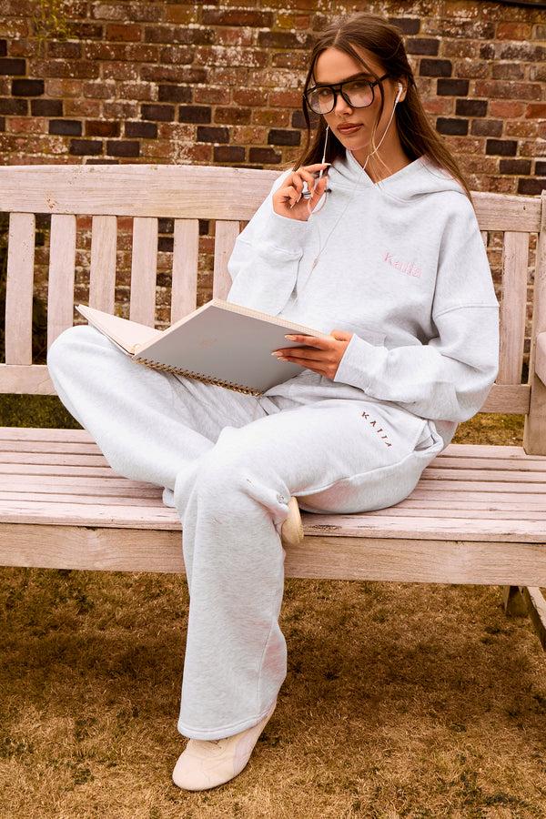 Kaiia Girly Back Graphic Oversized Hoodie Light Grey Marl