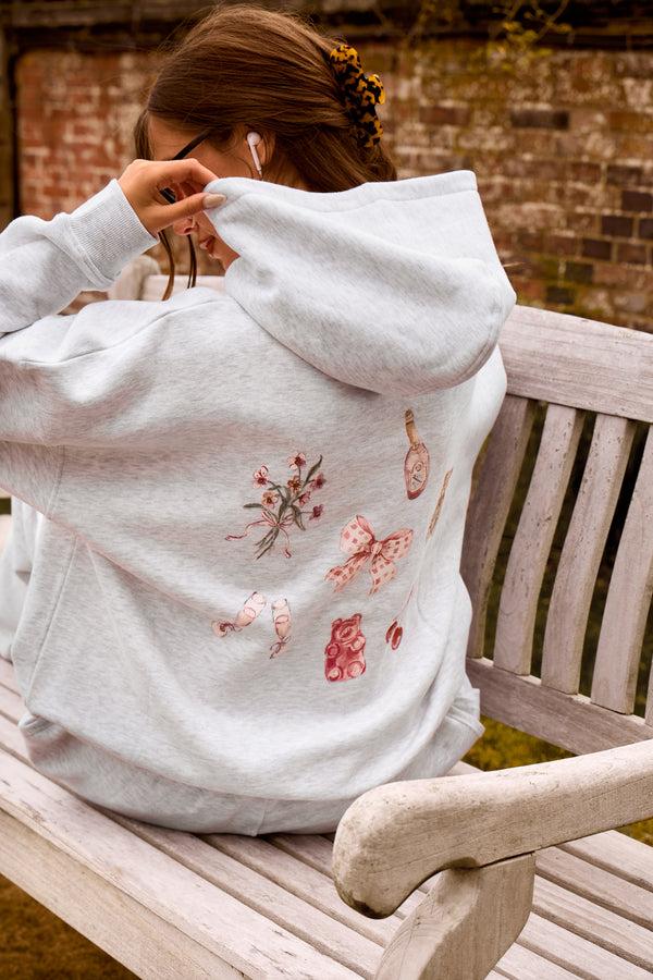 Kaiia Girly Back Graphic Oversized Hoodie Light Grey Marl