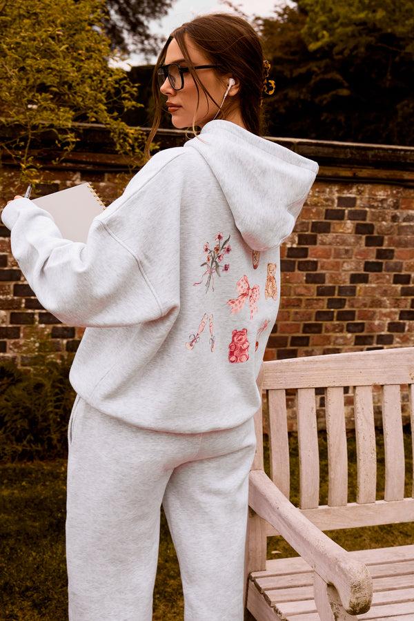 Kaiia Girly Back Graphic Oversized Hoodie Light Grey Marl