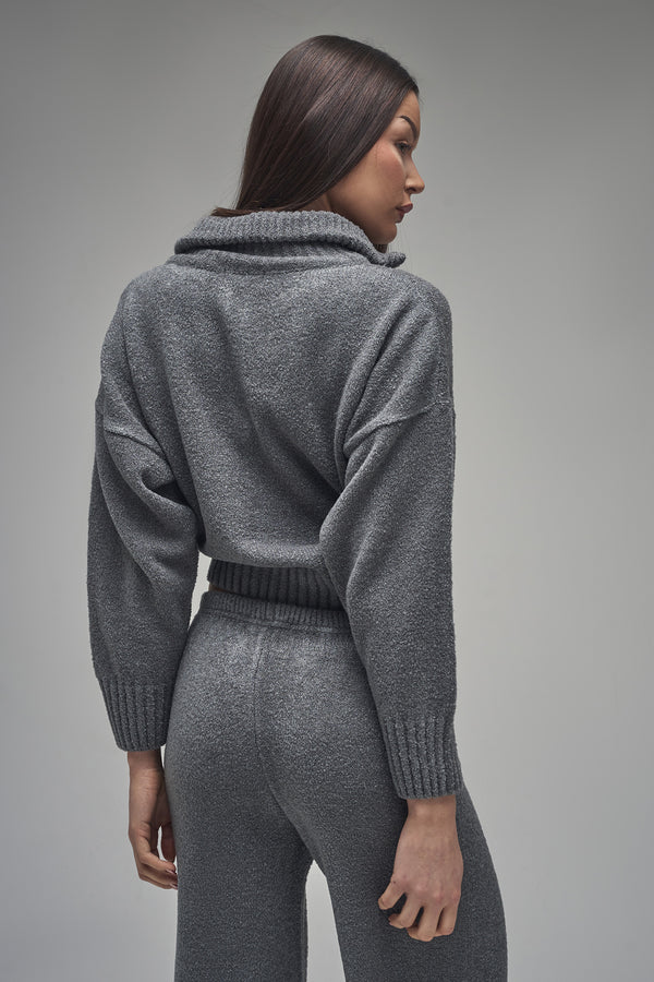 Kaiia Knit Fold Over Collar Quarter Zip Sweater Charcoal