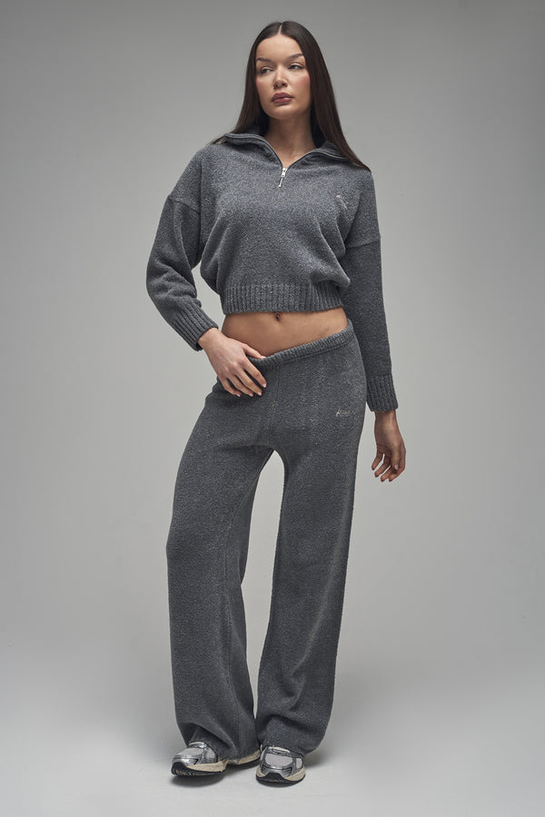 Kaiia Knit Fold Over Collar Quarter Zip Sweater Charcoal