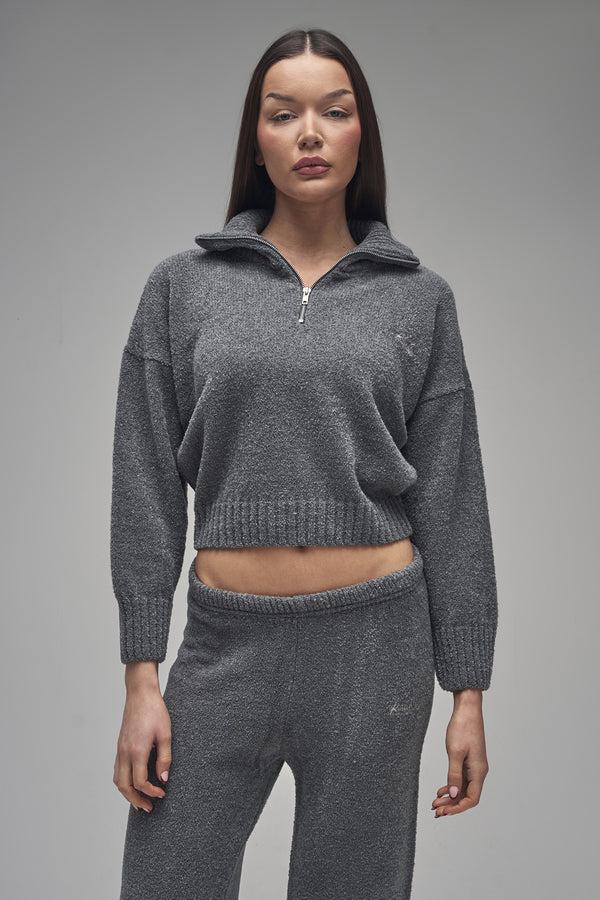 Kaiia Knit Fold Over Collar Quarter Zip Sweater Charcoal