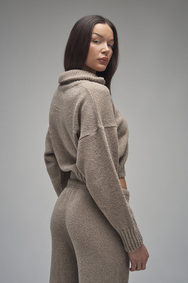 Kaiia Knit Fold Over Collar Quarter Zip Sweater Taupe
