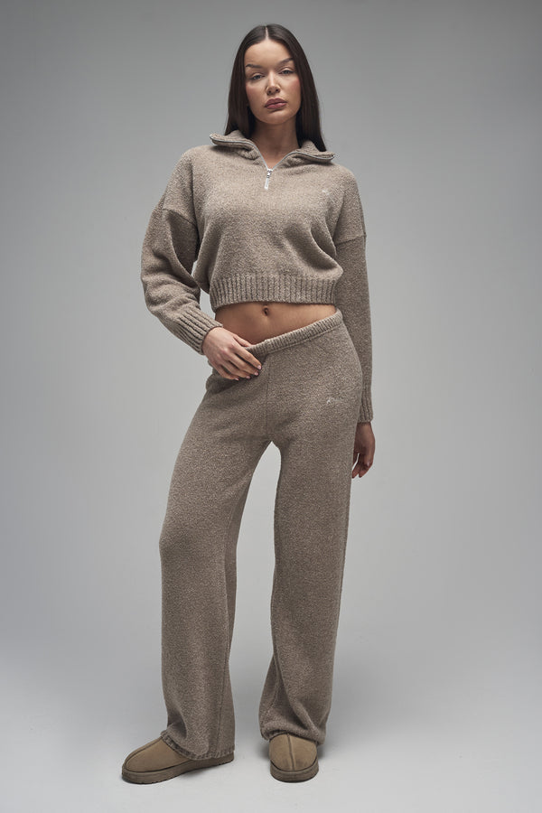 Kaiia Knit Fold Over Collar Quarter Zip Sweater Taupe