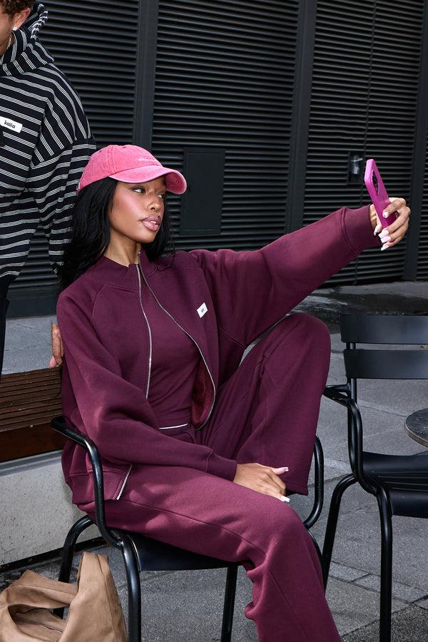 Kaiia Label Logo Boxy Zip Through Sweatshirt Plum