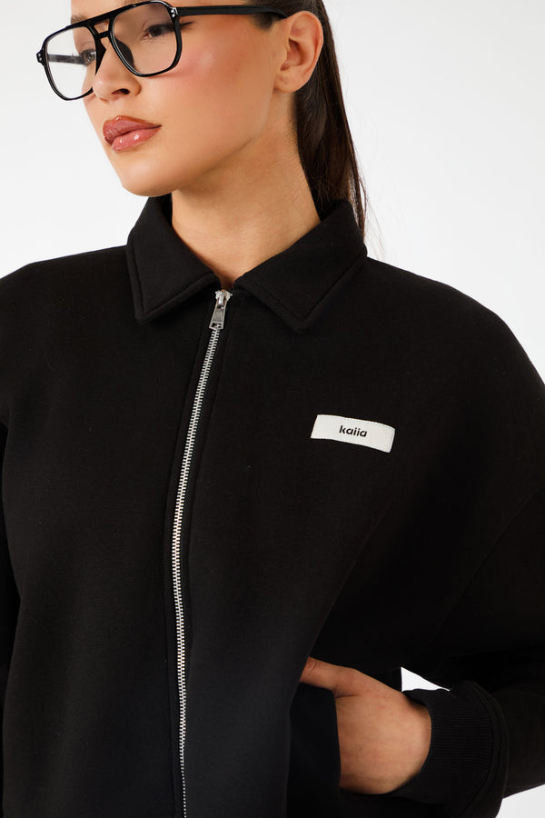 Kaiia Label Logo Collared Zip Through Sweatshirt Black