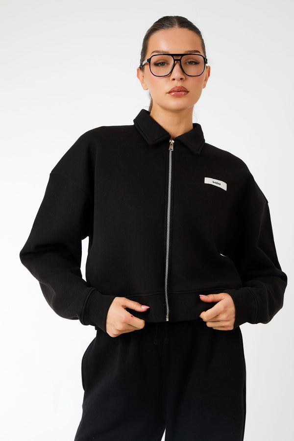 Kaiia Label Logo Collared Zip Through Sweatshirt Black