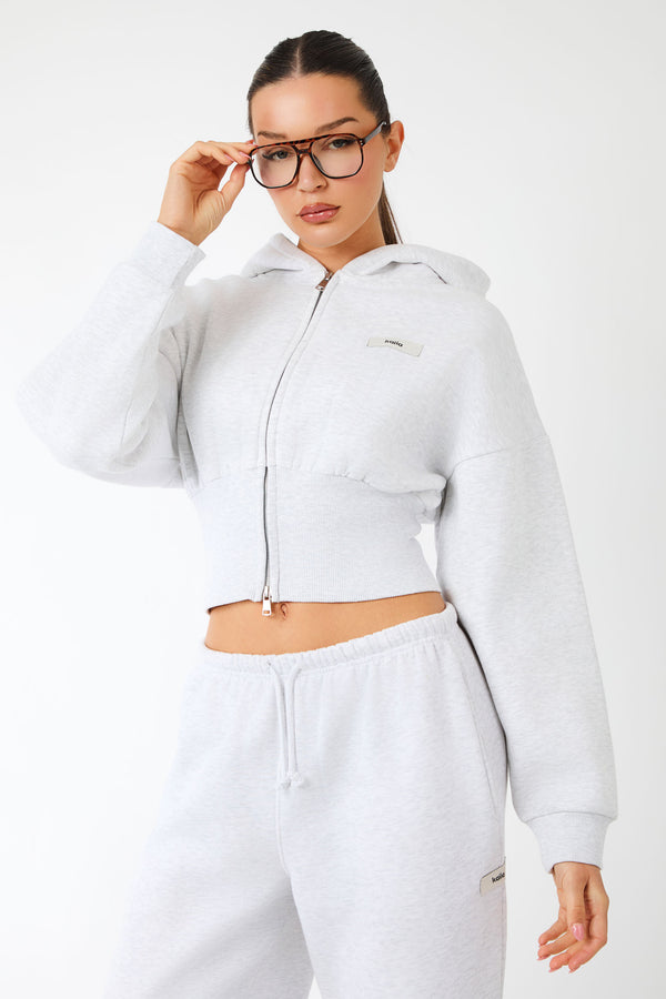 Kaiia Label Logo Corset Zip Through Hoodie Light Grey Marl