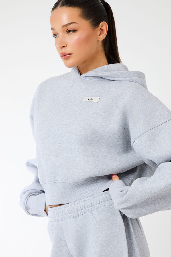 Kaiia Label Logo Cropped Oversized Hoodie Grey Marl