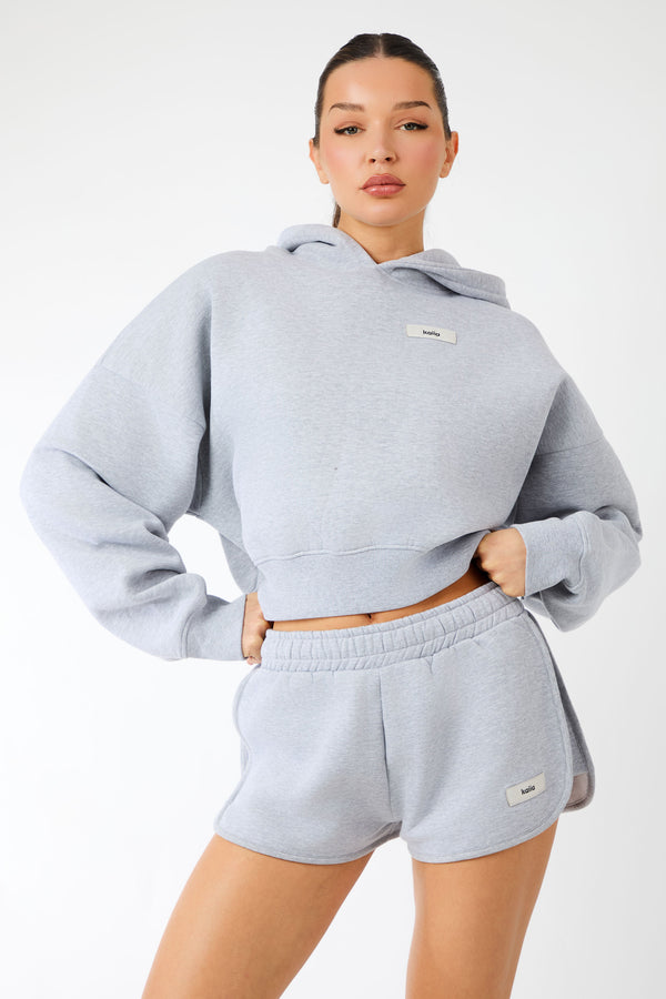 Kaiia Label Logo Cropped Oversized Hoodie Grey Marl