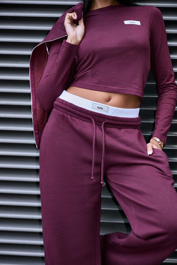 Kaiia Label Logo Double Waistband Joggers Plum