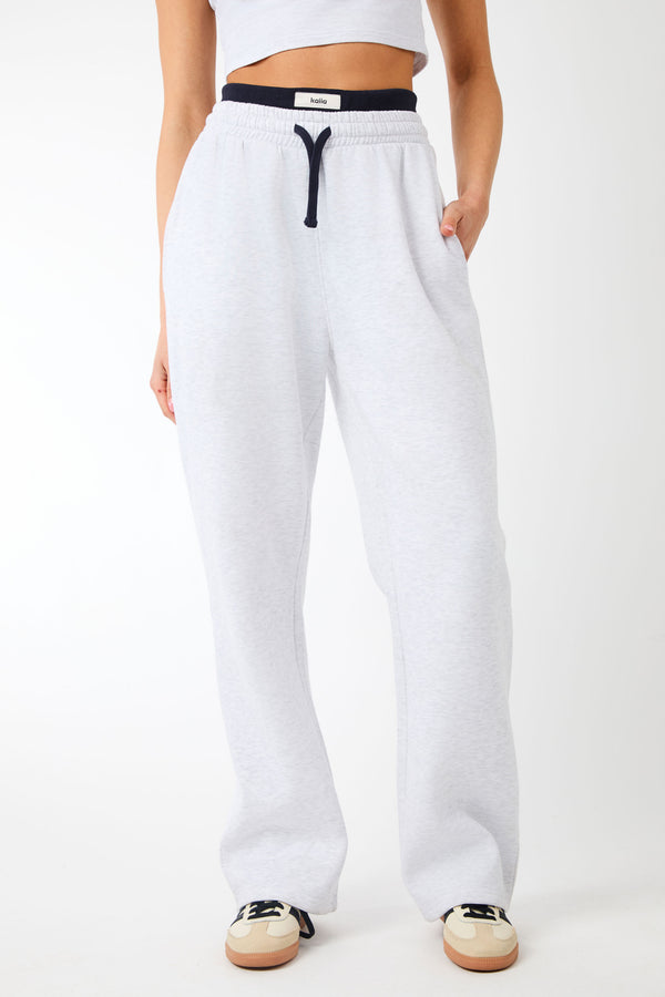 Kaiia Label Logo Exposed Waistband Wide Leg Joggers Light Grey Marl