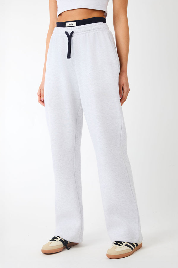 Kaiia Label Logo Exposed Waistband Wide Leg Joggers Light Grey Marl
