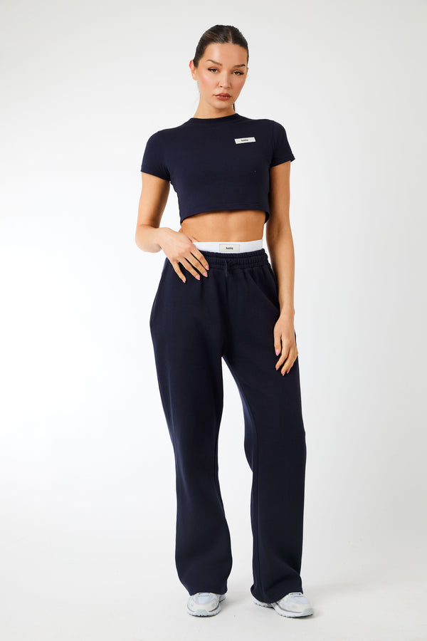 Kaiia Label Logo Exposed Waistband Wide Leg Joggers Navy