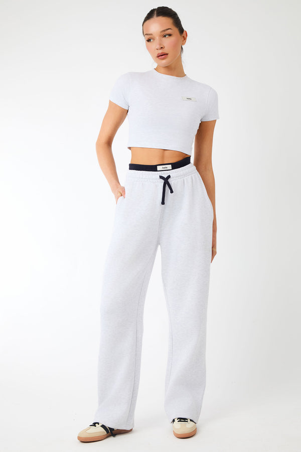 Kaiia Label Logo Exposed Waistband Wide Leg Joggers Light Grey Marl