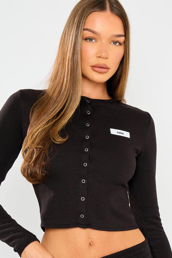 Kaiia Label Logo Premium Interlock Long Sleeve Top Black