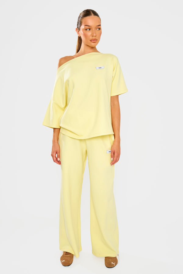 Kaiia Label Logo Premium Interlock Off The Shoulder Oversized T-Shirt Yellow