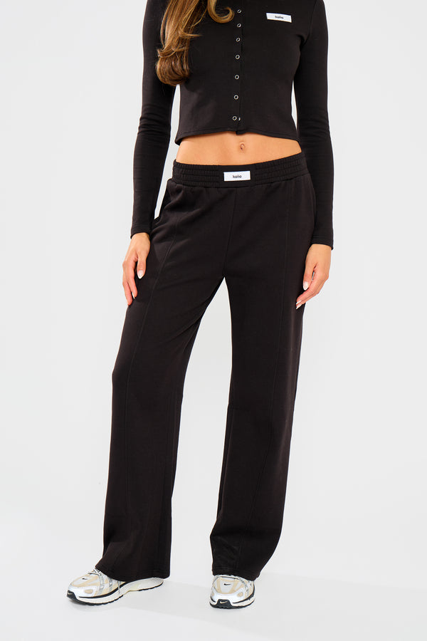 Kaiia Label Logo Premium Interlock Seam Detail Wide Leg Joggers Black