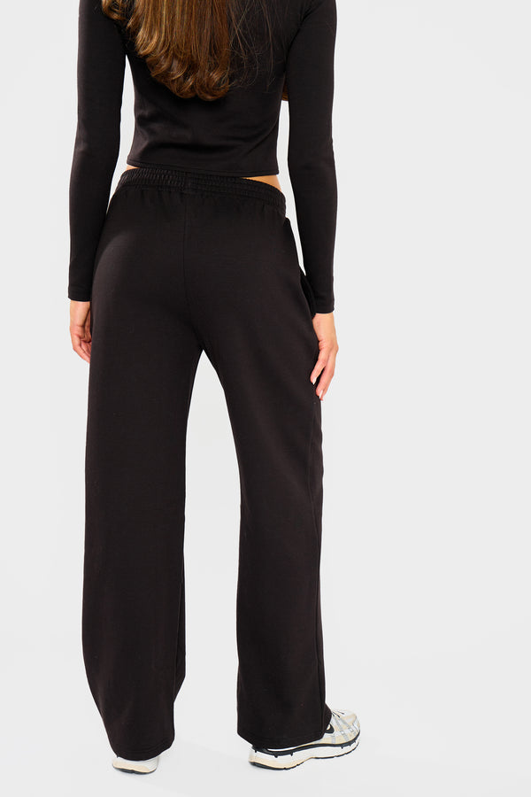 Kaiia Label Logo Premium Interlock Seam Detail Wide Leg Joggers Black