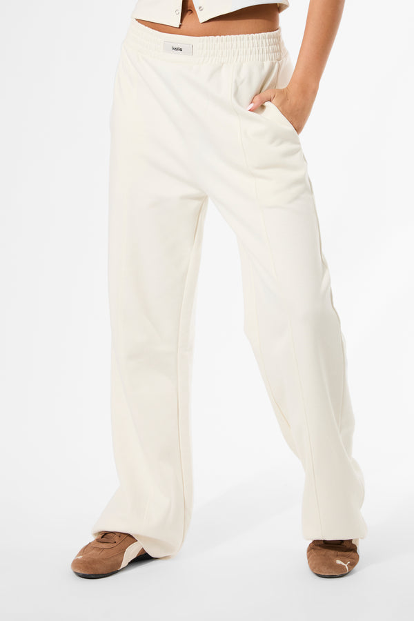 Kaiia Label Logo Premium Interlock Seam Detail Wide Leg Joggers Cream